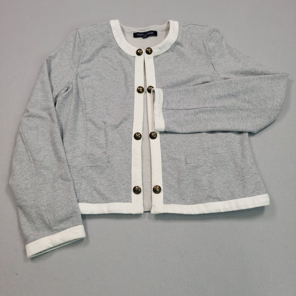 Tommy Hilfiger Womens Medium Grey White Trim Crest Button Knit‎ Preppy Jacket